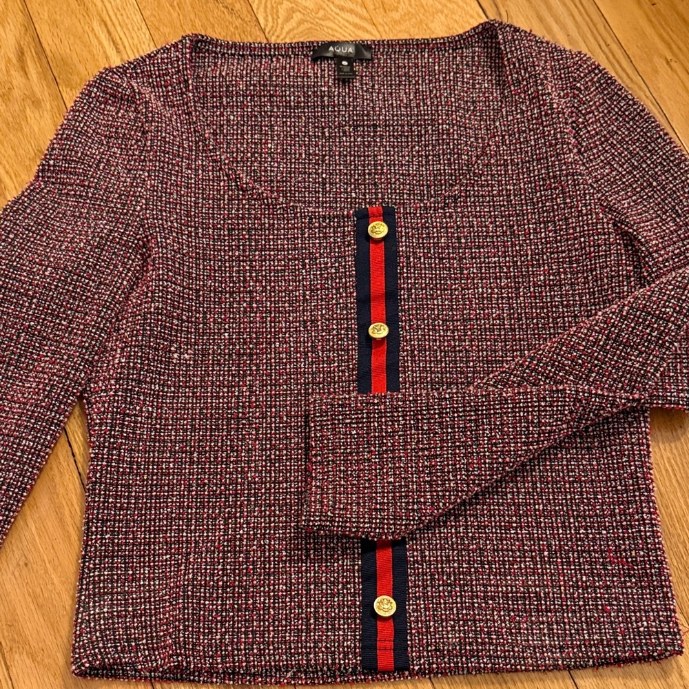 Aqua Red and Blue Knit Top with Gold Accents